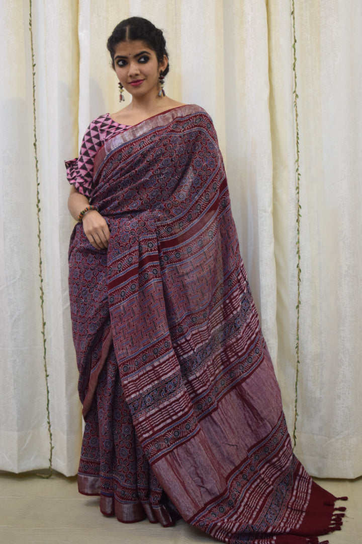 Pradnya: Maroon Linen Ajrakh Saree