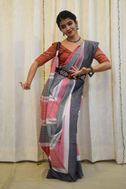 Toshani: Red & Grey Dhaniakhali Cotton Saree