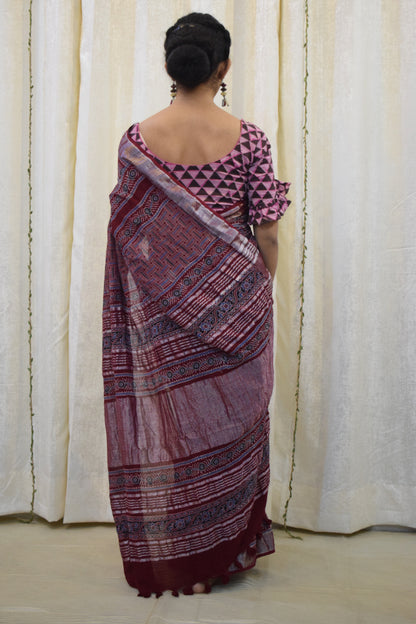 Pradnya: Maroon Linen Ajrakh Saree