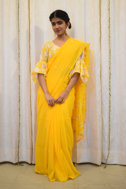 Hridhi: Mustard Yellow Mulmul Buti Saree