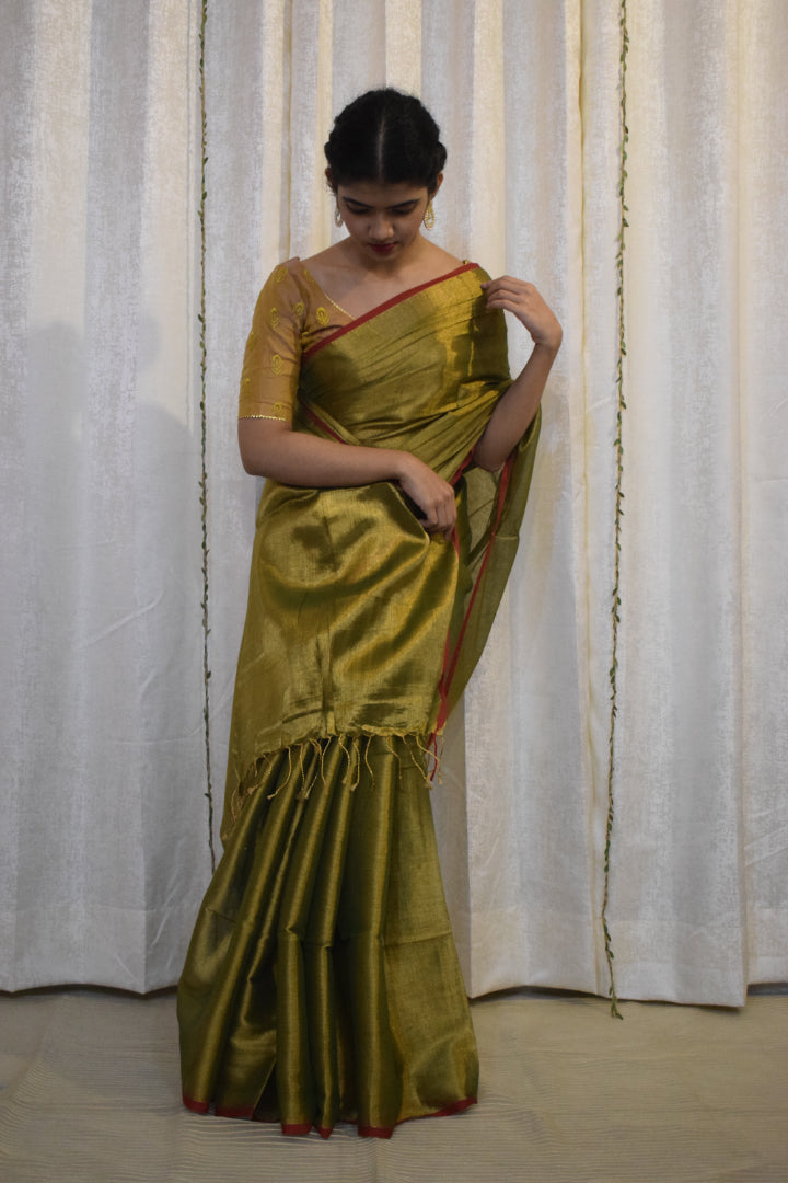 Amrapali: Olive Green Mul-Zari Tissue Saree