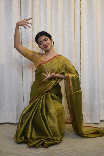 Amrapali: Olive Green Mul-Zari Tissue Saree