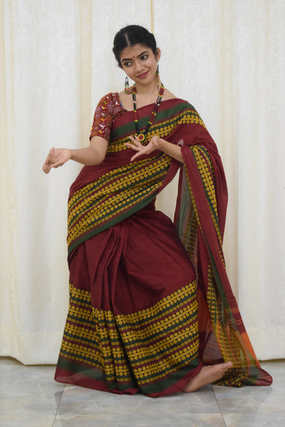 Jinisha: Maroon & Green Begumpuri cotton saree