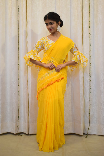 Hridhi: Mustard Yellow Mulmul Buti Saree