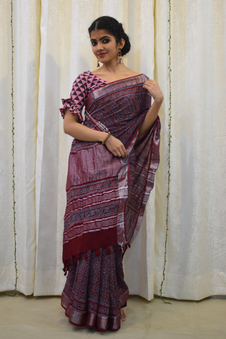 Pradnya: Maroon Linen Ajrakh Saree