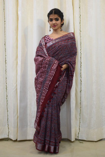 Pradnya: Maroon Linen Ajrakh Saree