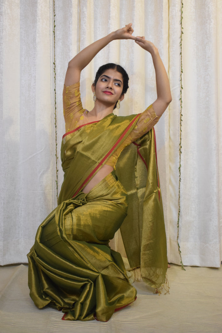 Amrapali: Olive Green Mul-Zari Tissue Saree