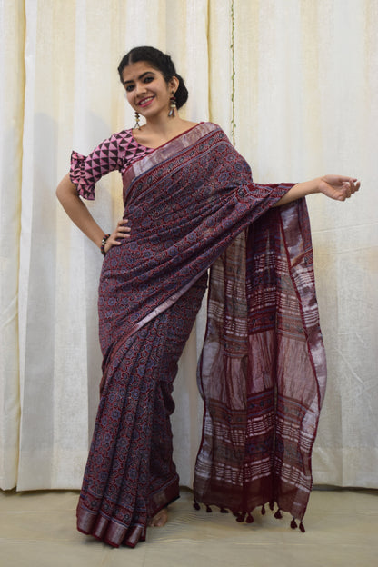 Pradnya: Maroon Linen Ajrakh Saree