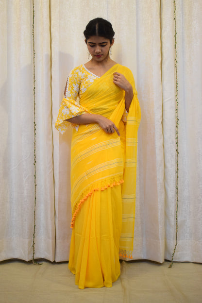 Hridhi: Mustard Yellow Mulmul Buti Saree