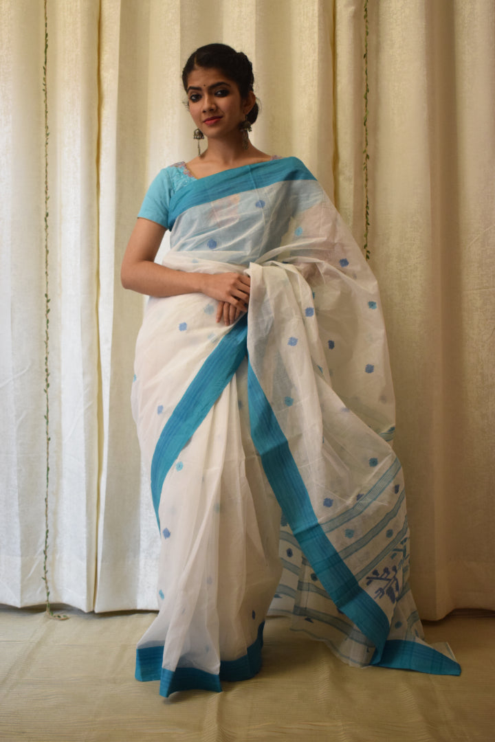 Ujjwala: White & Blue Cotton Jamdani Saree