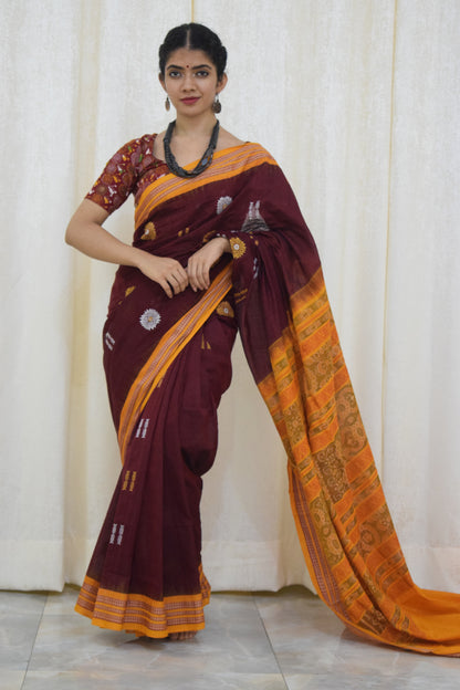 Aarohi: Maroon-brown Padam Bomkai cotton saree