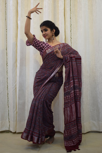 Pradnya: Maroon Linen Ajrakh Saree