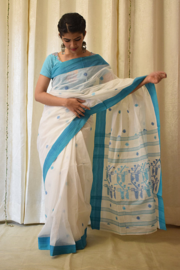 Ujjwala: White & Blue Cotton Jamdani Saree