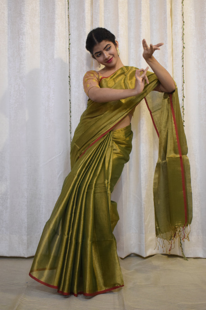 Amrapali: Olive Green Mul-Zari Tissue Saree