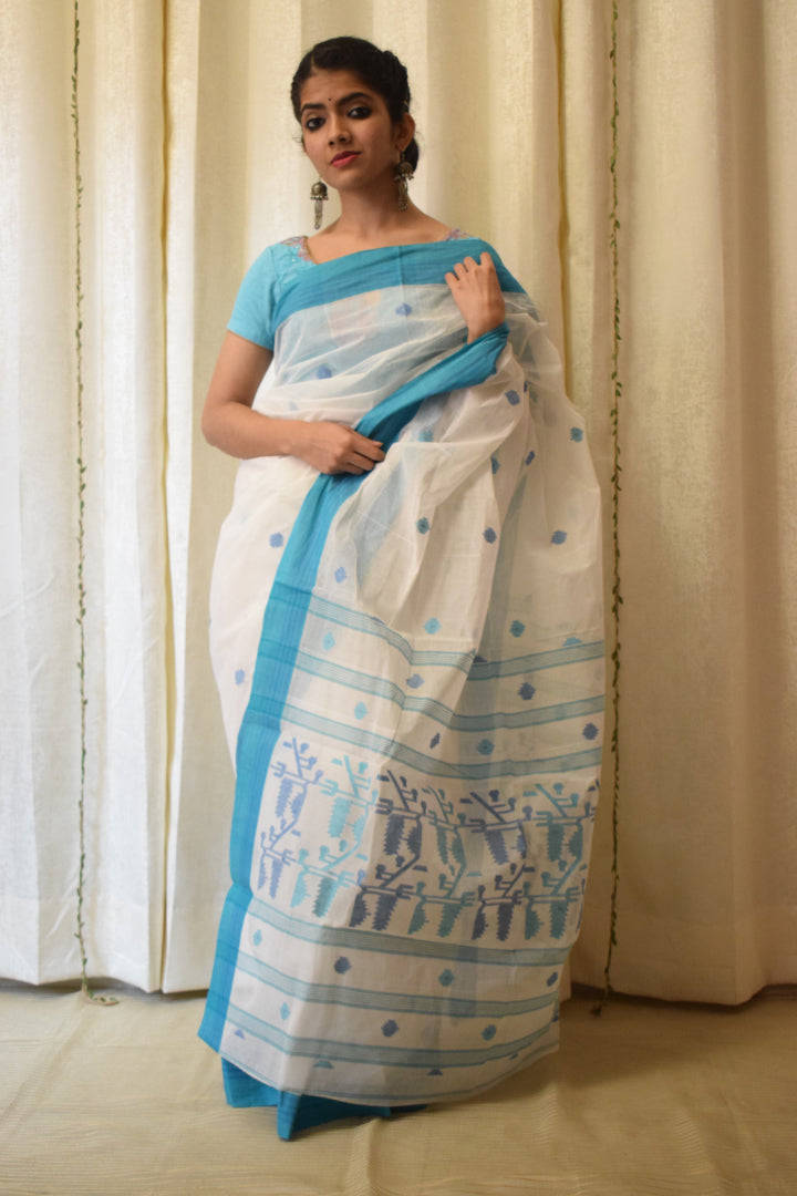 Ujjwala: White & Blue Cotton Jamdani Saree