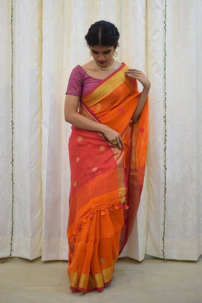 Agneya: Orange Linen Jamdani Saree