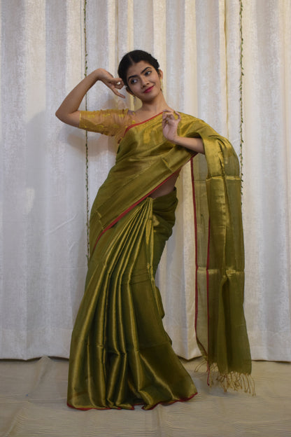 Amrapali: Olive Green Mul-Zari Tissue Saree