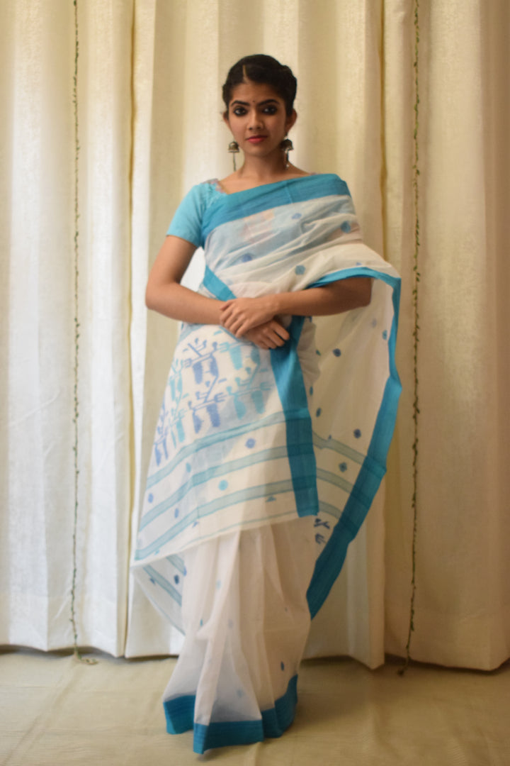 Ujjwala: White & Blue Cotton Jamdani Saree