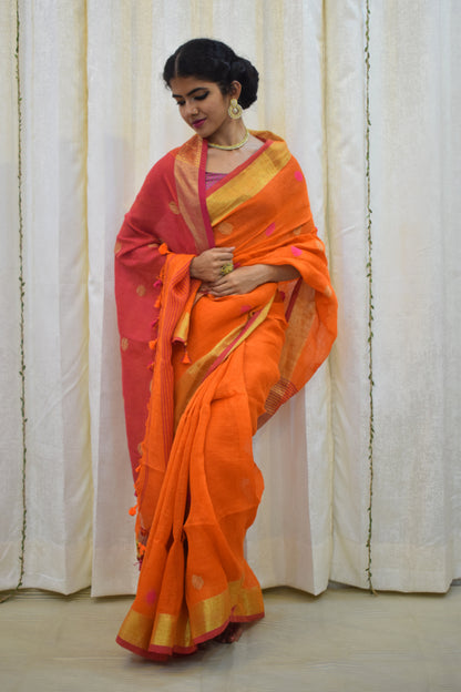 Agneya: Orange Linen Jamdani Saree