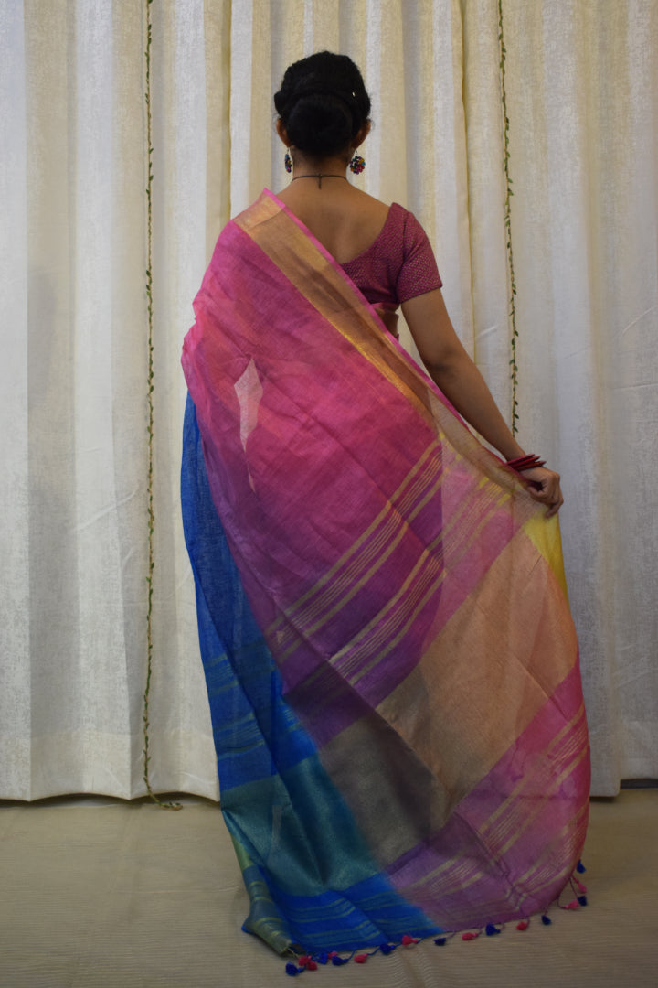 Dhanvi: Pink & Blue  Linen Ombre Saree