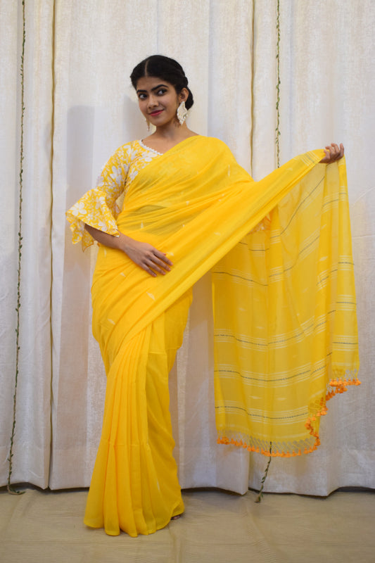 Hridhi: Mustard Yellow Mulmul Buti Saree