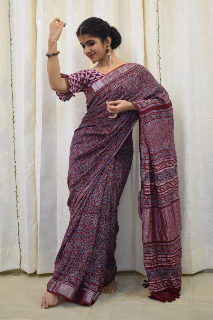 Pradnya: Maroon Linen Ajrakh Saree