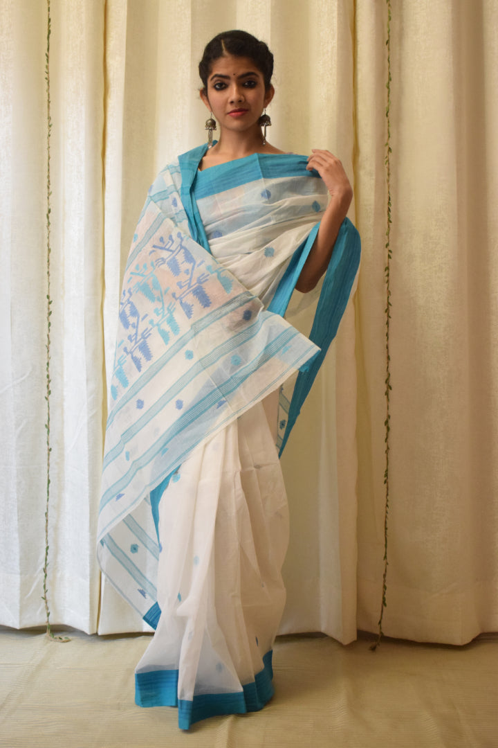 Ujjwala: White & Blue Cotton Jamdani Saree