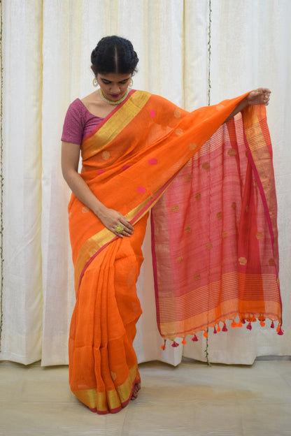 Agneya: Orange Linen Jamdani Saree