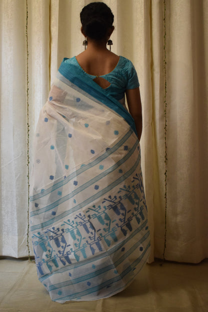 Ujjwala: White & Blue Cotton Jamdani Saree