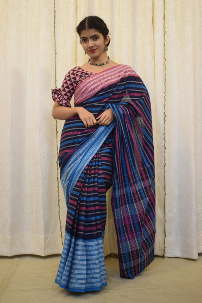 Ambuja: Blue & Pink Dhaniakhali Cotton Saree