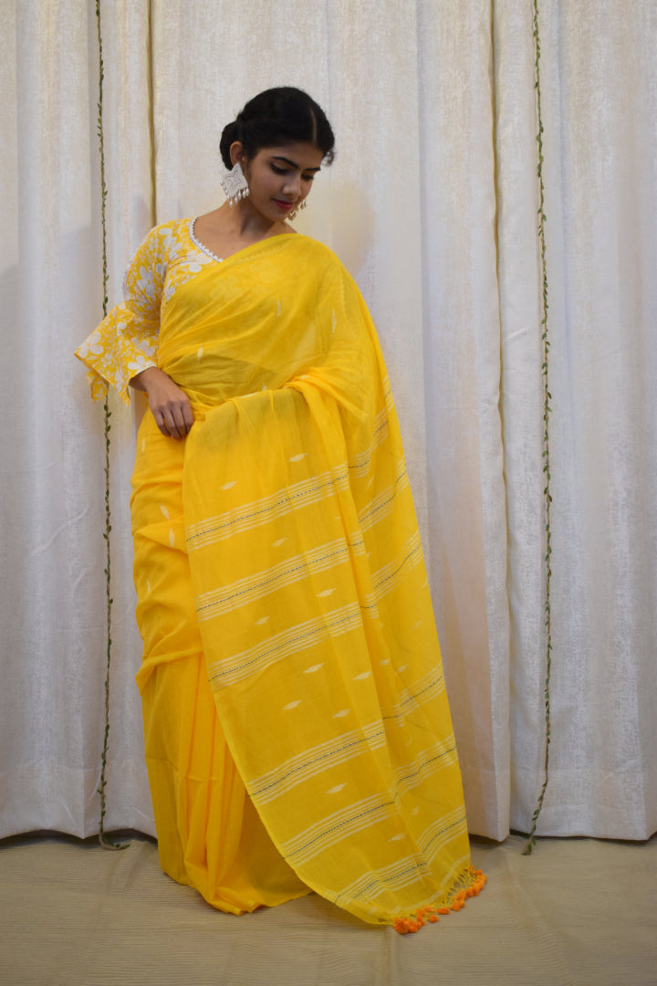 Hridhi: Mustard Yellow Mulmul Buti Saree