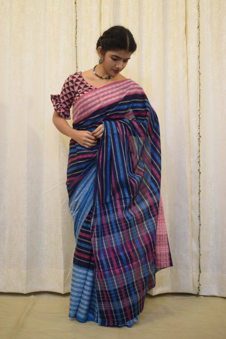 Ambuja: Blue & Pink Dhaniakhali Cotton Saree