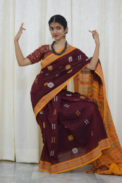 Aarohi: Maroon-brown Padam Bomkai cotton saree