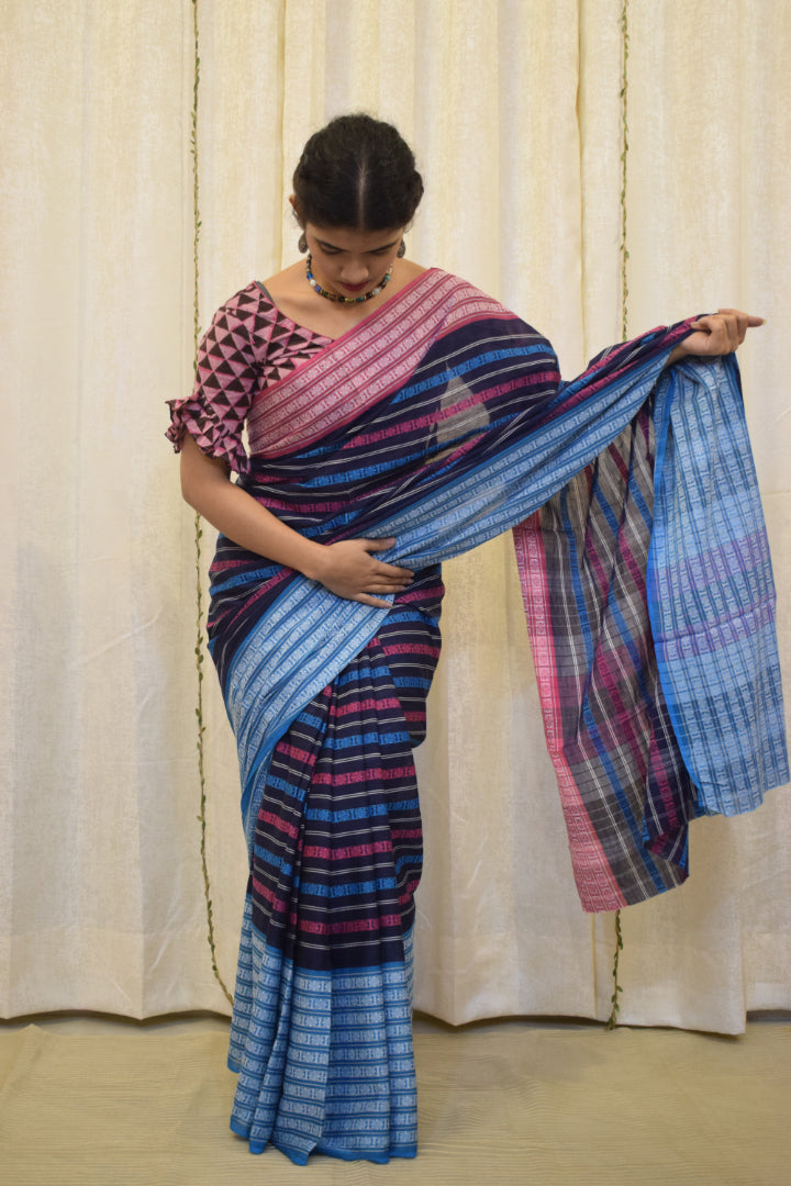 Ambuja: Blue & Pink Dhaniakhali Cotton Saree