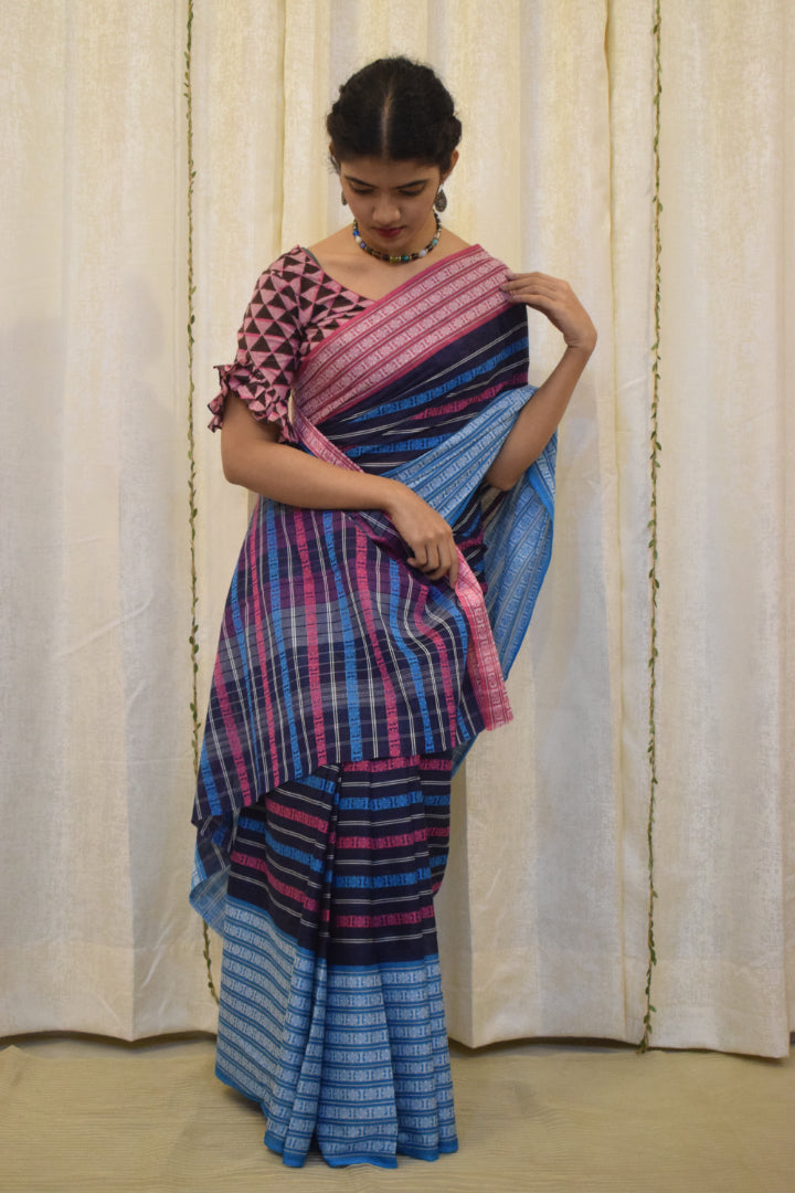 Ambuja: Blue & Pink Dhaniakhali Cotton Saree