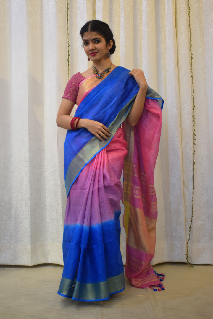 Dhanvi: Pink & Blue  Linen Ombre Saree