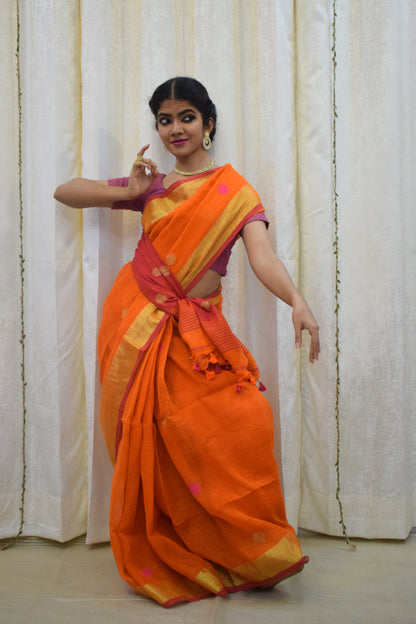 Agneya: Orange Linen Jamdani Saree