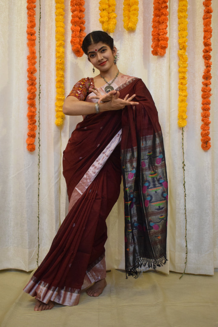 Mayuri- Deep Maroon Cotton Paithani Saree