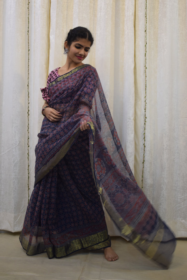 Virusha: Indigo & Red Kota Doria Ajrakh Saree