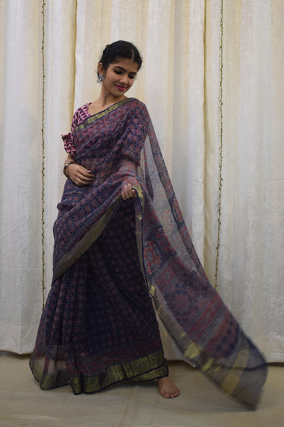 Virusha: Indigo & Red Kota Doria Ajrakh Saree