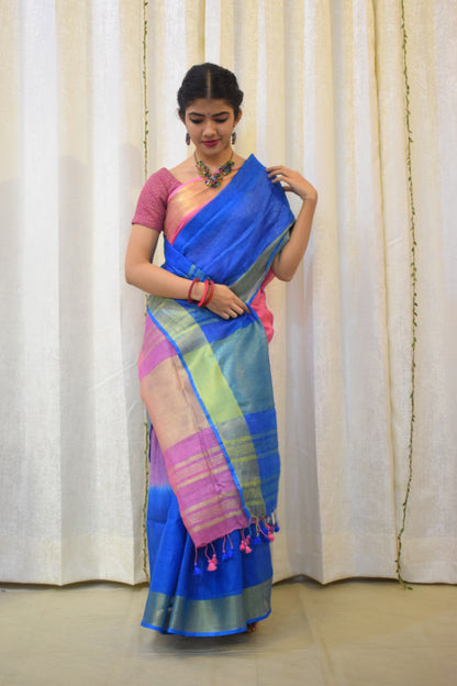 Dhanvi: Pink & Blue  Linen Ombre Saree