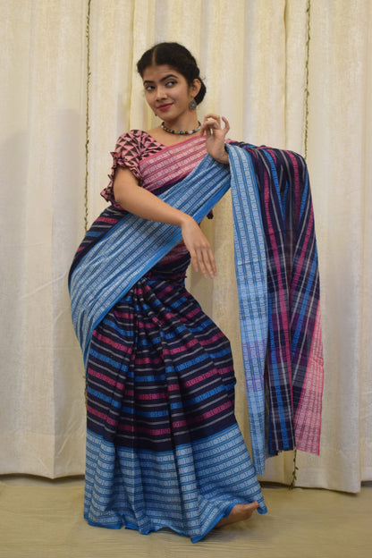 Ambuja: Blue & Pink Dhaniakhali Cotton Saree