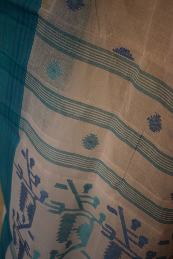 Ujjwala: White & Blue Cotton Jamdani Saree