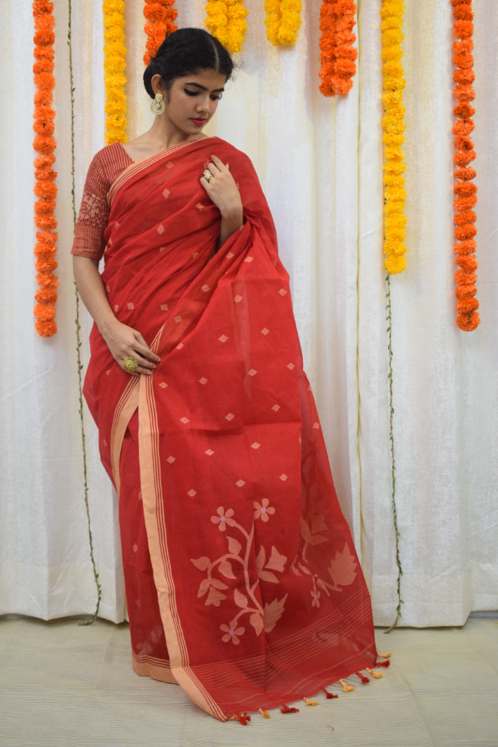 Rati- Red Cotton Jamdani Saree