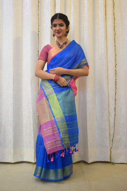 Dhanvi: Pink & Blue  Linen Ombre Saree