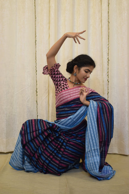 Ambuja: Blue & Pink Dhaniakhali Cotton Saree