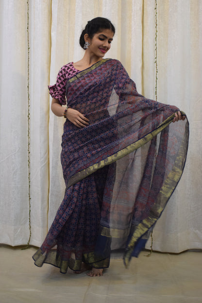 Virusha: Indigo & Red Kota Doria Ajrakh Saree