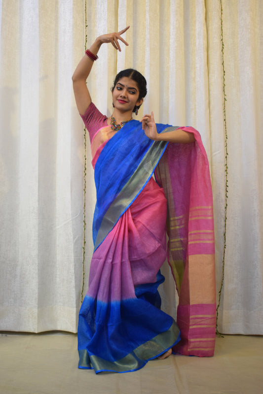 Dhanvi: Pink & Blue  Linen Ombre Saree