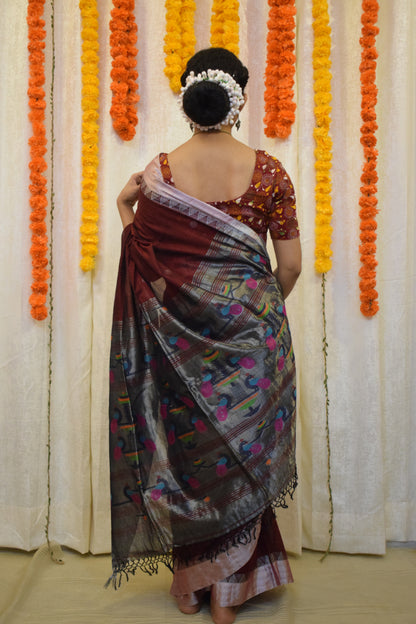 Mayuri- Deep Maroon Cotton Paithani Saree