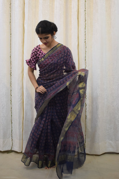 Virusha: Indigo & Red Kota Doria Ajrakh Saree